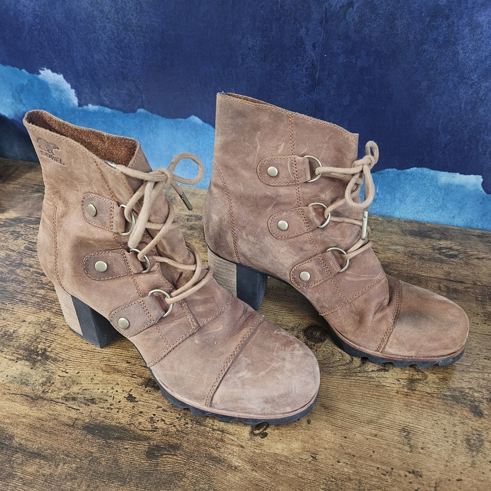 Sorel Addington Chelsea Lace Up Ankle Boots Tan Brown Leather 10.5 waterproof